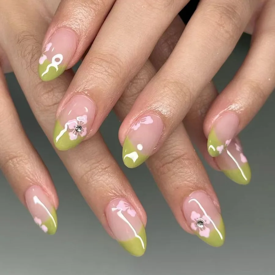 Lidudu French Press on Fake Nails with Flowers Designs Summer Blue Short Almond False Nails Wearable French Full Cover Press on Nails