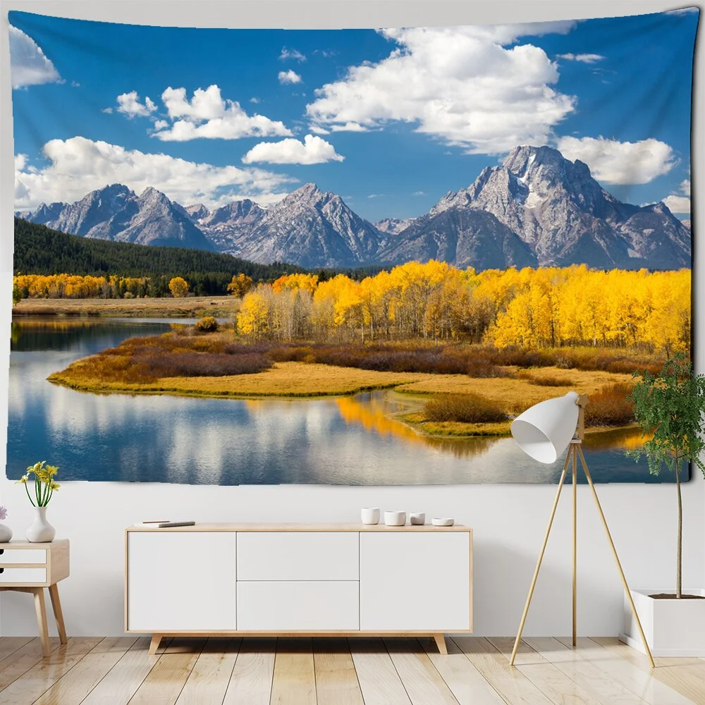 Mountain Rolling Lake Scenery Art Tapestry Golden Forest Wall Hanging Hippie Cloth Backdrop Beach Mat Dorm Home Decor