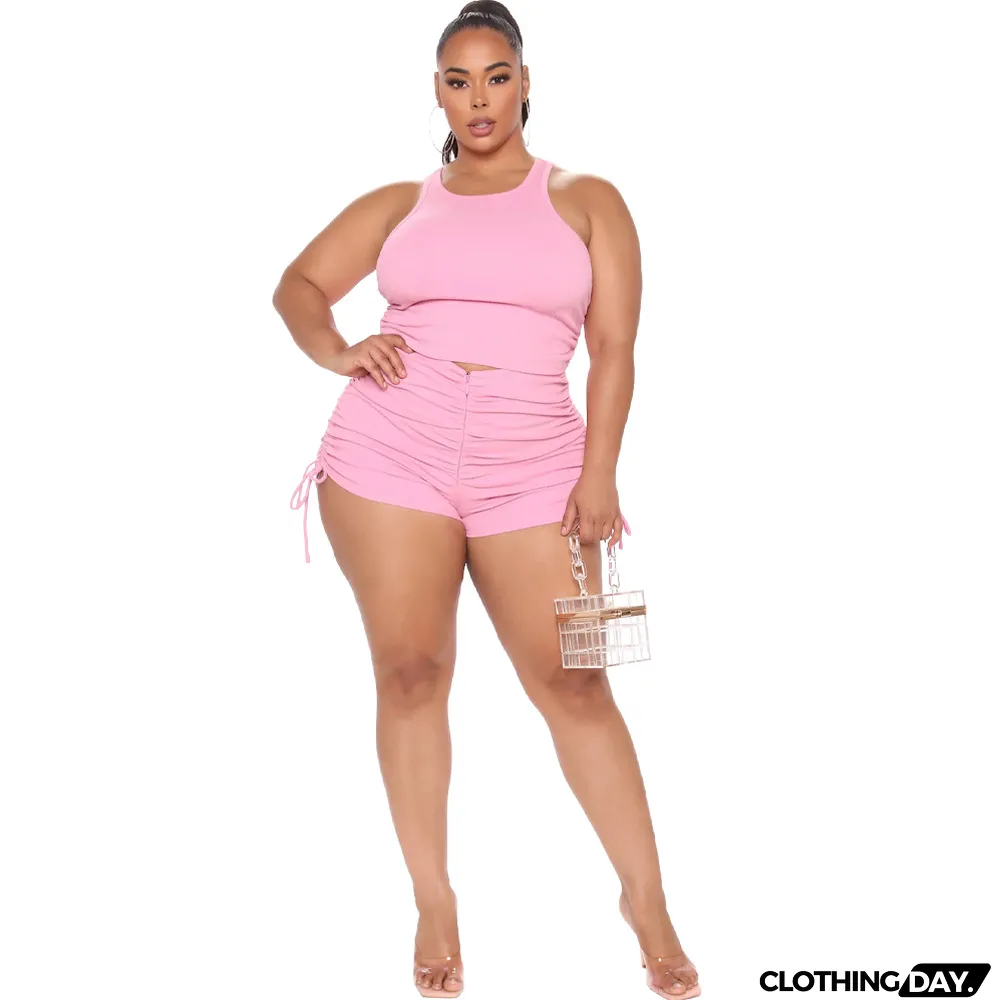 Plus Size Women's Tank Top Pleated Casual Shorts Two Piece Set