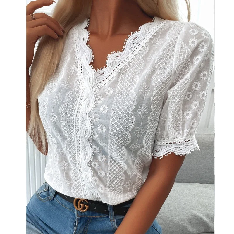 Huiketi V-neck White Lace Shirt Women Puff Short Sleeve Fashion Elegant Pullover Blouse Loose Office Lady Tops Blusas Mujer 24759