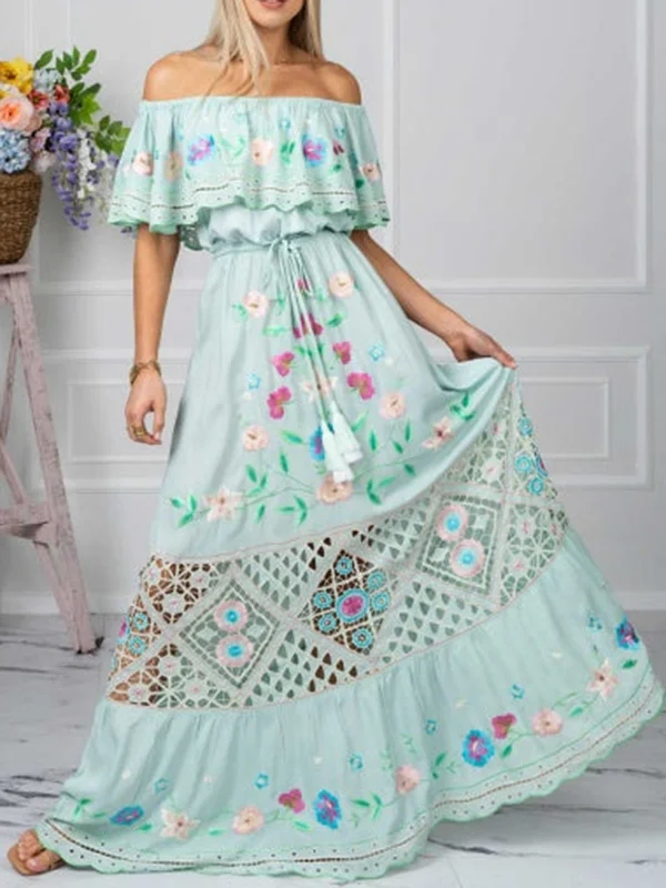 Belted Floral Printed Ruffled Split-Joint Empire Short Sleeves Off-the-shoulder Maxi Dresses