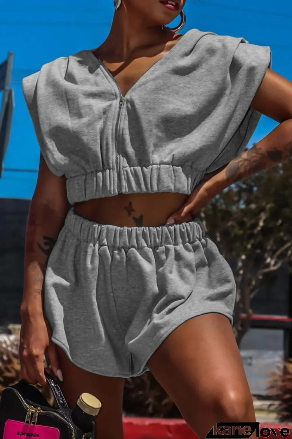 Grey Casual Solid Split Joint Hooded Collar Short Sleeve Two Pieces