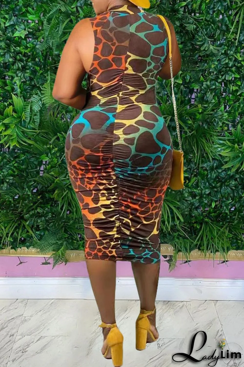 Brown Casual Print Patchwork Fold Zipper Collar Sleeveless Dress Dresses