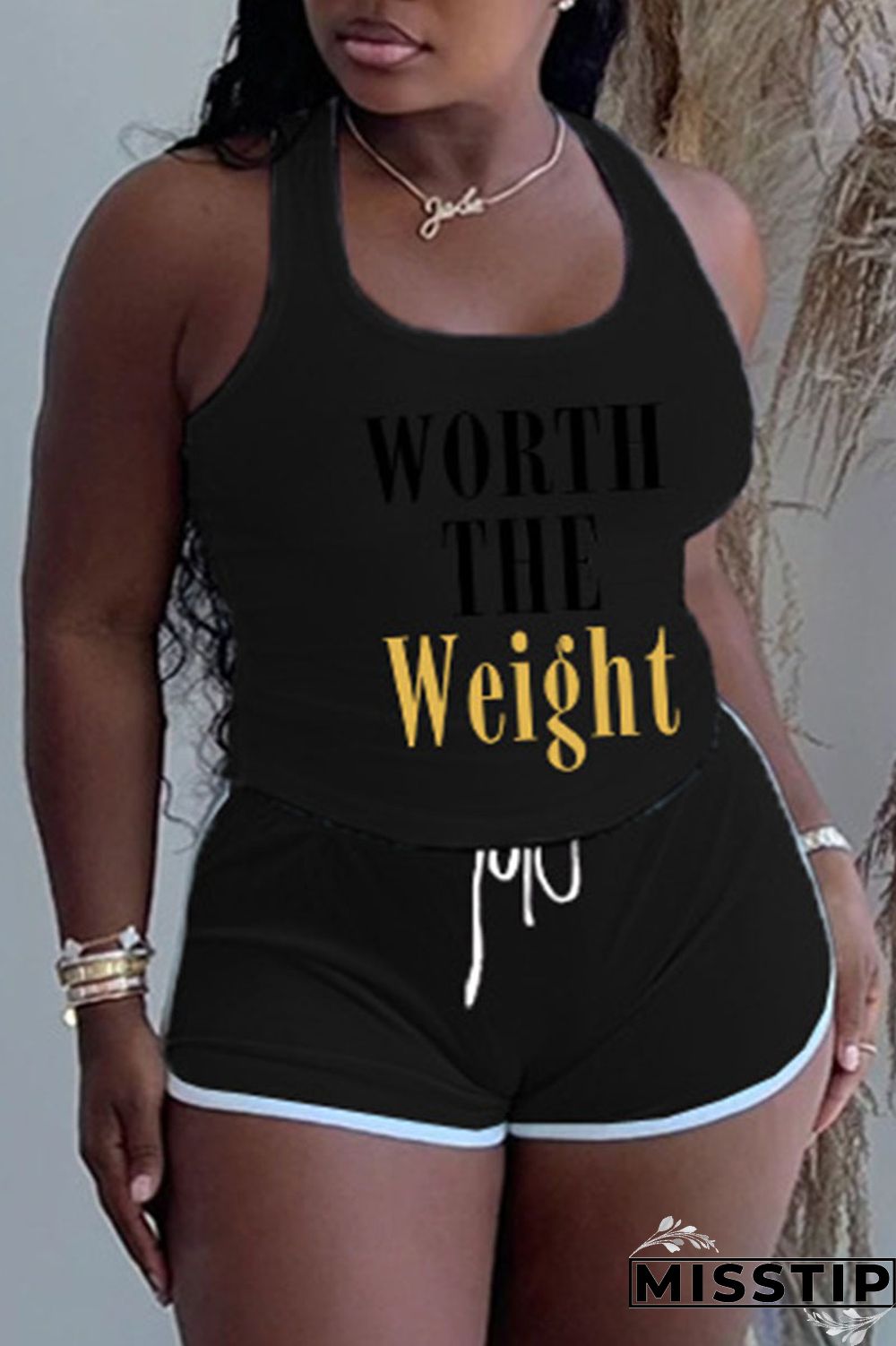 Grey Plus Size Casual Letter Print Patchwork U Neck Plus Size Two Pieces