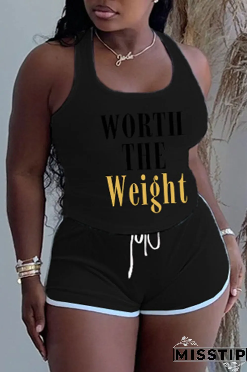 Grey Plus Size Casual Letter Print Patchwork U Neck Plus Size Two Pieces