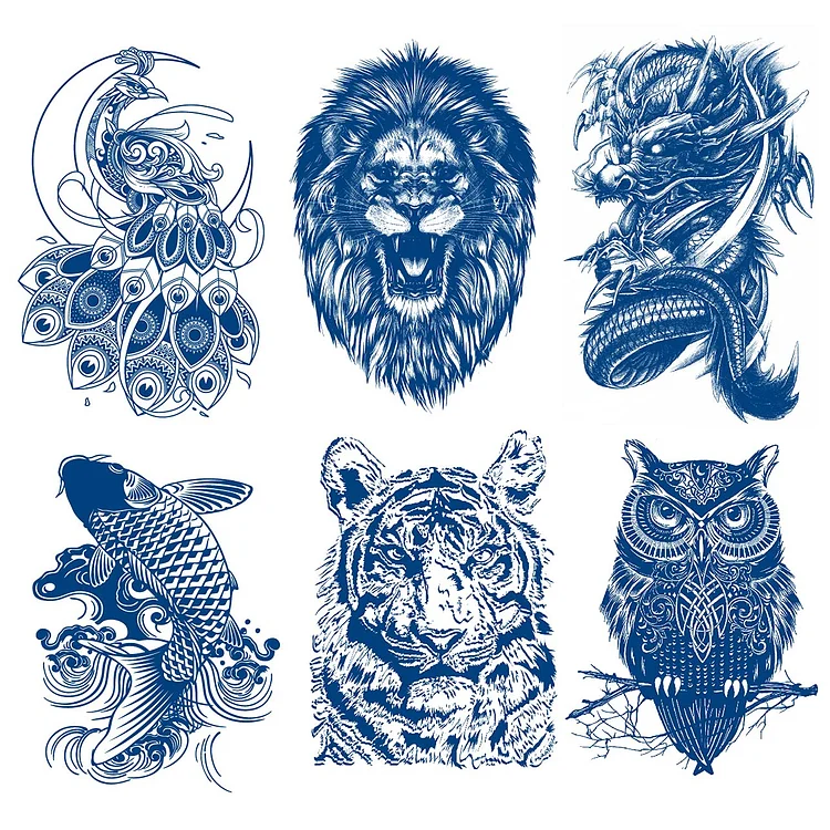 6 Sheets Semi Permanent Fake Waterproof Temporary Tattoos Stickers Long Lasts 1-2 Weeks, Animal Set Peacock Lion Koi Carp Tiger Owl Dragon Deep Blue