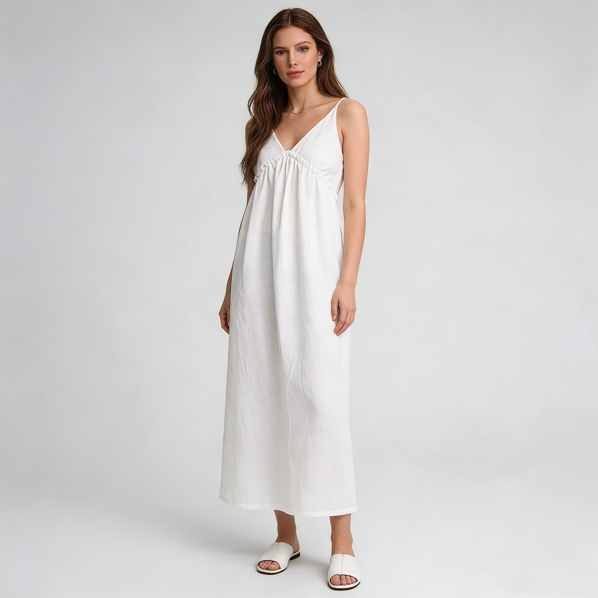 Linen Midi Dress Women 100% Linen V Neck Spaghetti Strap Summer Dress Breathable REAL SILK LIFE