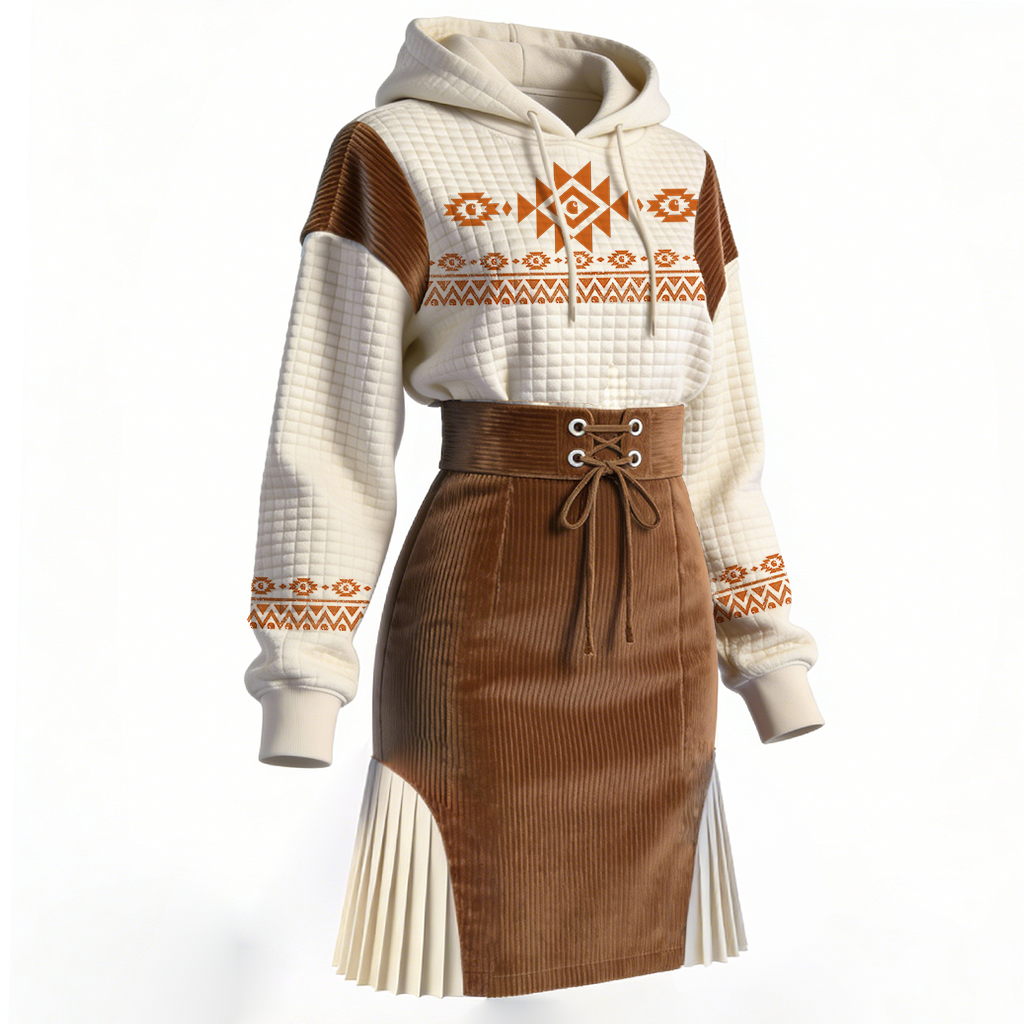 Women's Waffle And Corduroy Patchwork With Ethnic Patterns Hoodie Dress