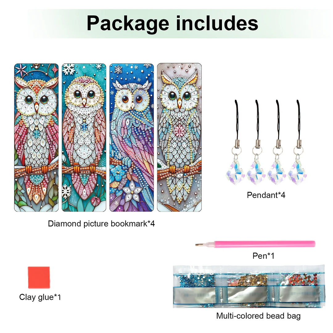 4Pcs Owl DIY Diamond Bookmark Art Projects Irregular Shaped Diamonds Diamond Painting Art Bookmarks with Crystal Pendants for DIY Making Beginners Adult Art Craft Supplies
