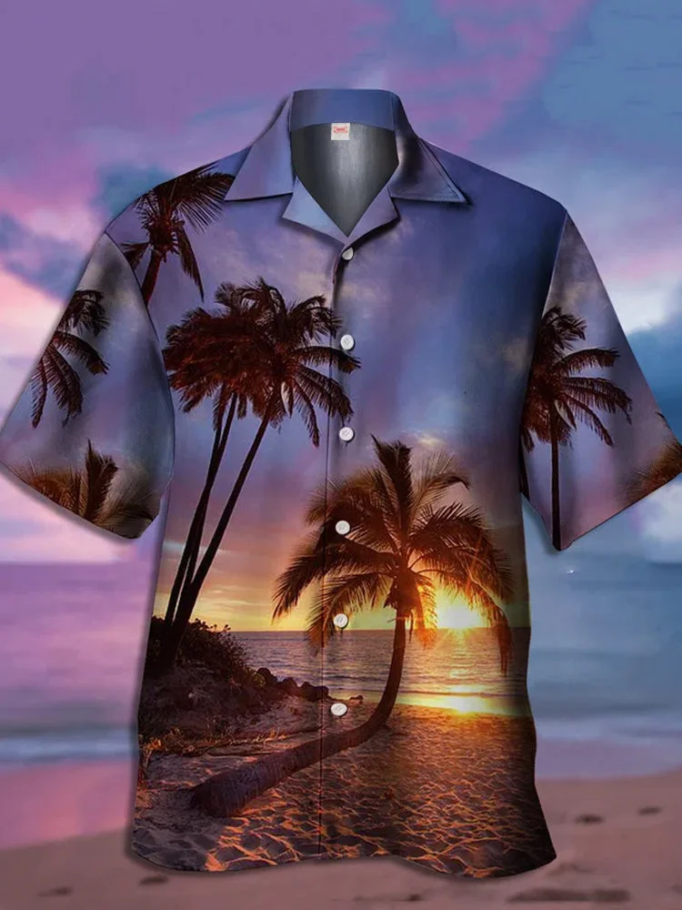 Carnival Psychedelic Beach Purple Hawaiian Coconut Tree Print Short Sleeve Shirt