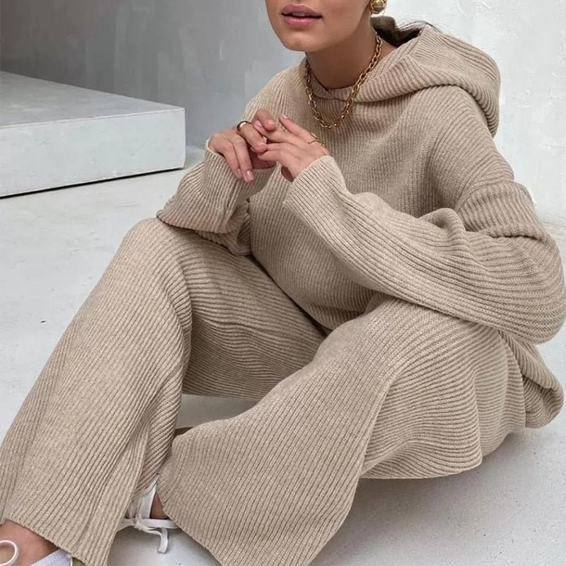 Summer Knitted Sweat Suits Women Matching Sets Long Sleeve Hoodie+wide-legged Pants Loungewear Sweater Set Two Piece Outfits