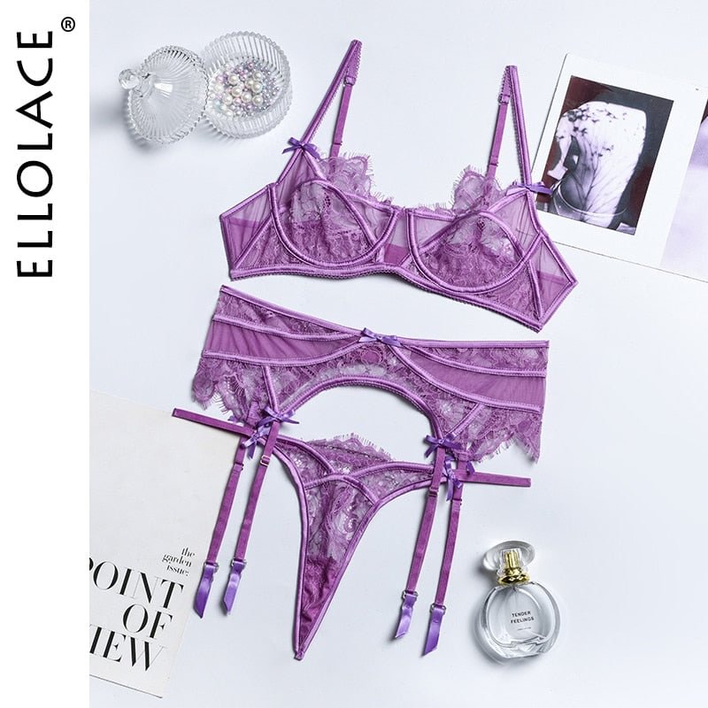 Ellolace Lace Lingerie Sexy Sensual Translucent Underwear 3-Piece Underwire Bra Garters Exotic Sets Fancy Short Skin Care Kits