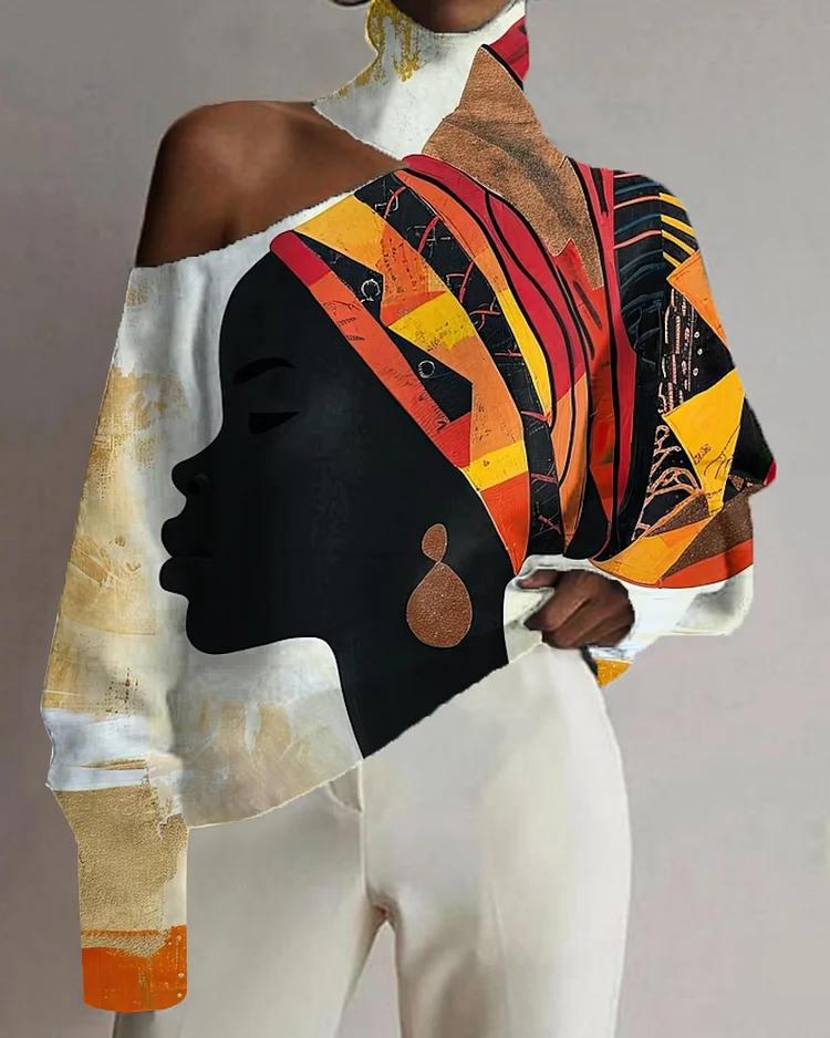 Black Girl Geometric Art Color Matching Print Sexy Cutout Top