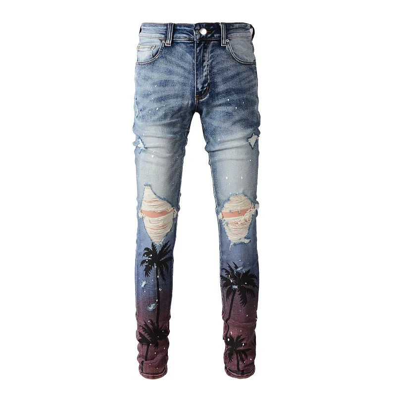 Men's Ink Splashing Graffiti Ripped Jeans Coconut Tree Print Rapper Jeans