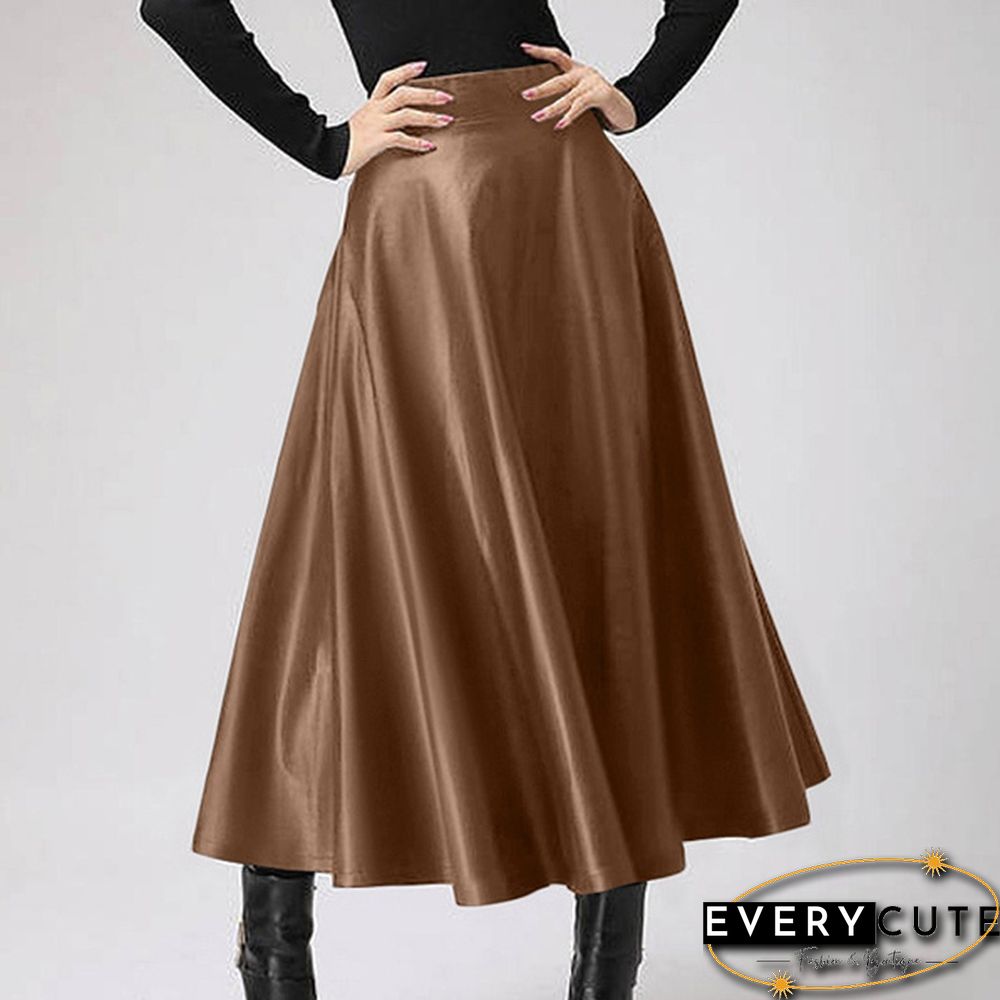 S- Women Faux Leather Vintage Maxi Long Skirts High Waist Pleated Big Swing Skirt Dress