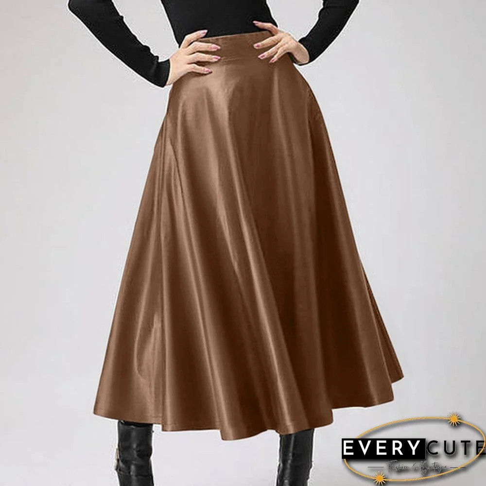 S- Women Faux Leather Vintage Maxi Long Skirts High Waist Pleated Big Swing Skirt Dress