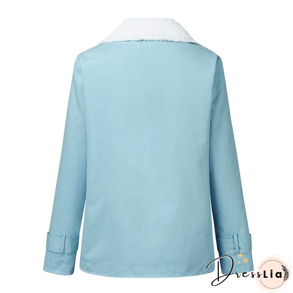 Winter Womens Fashion Denim Jacket Plus Velvet Warm Long-Sleeved Thicker Motorcycle Lapels