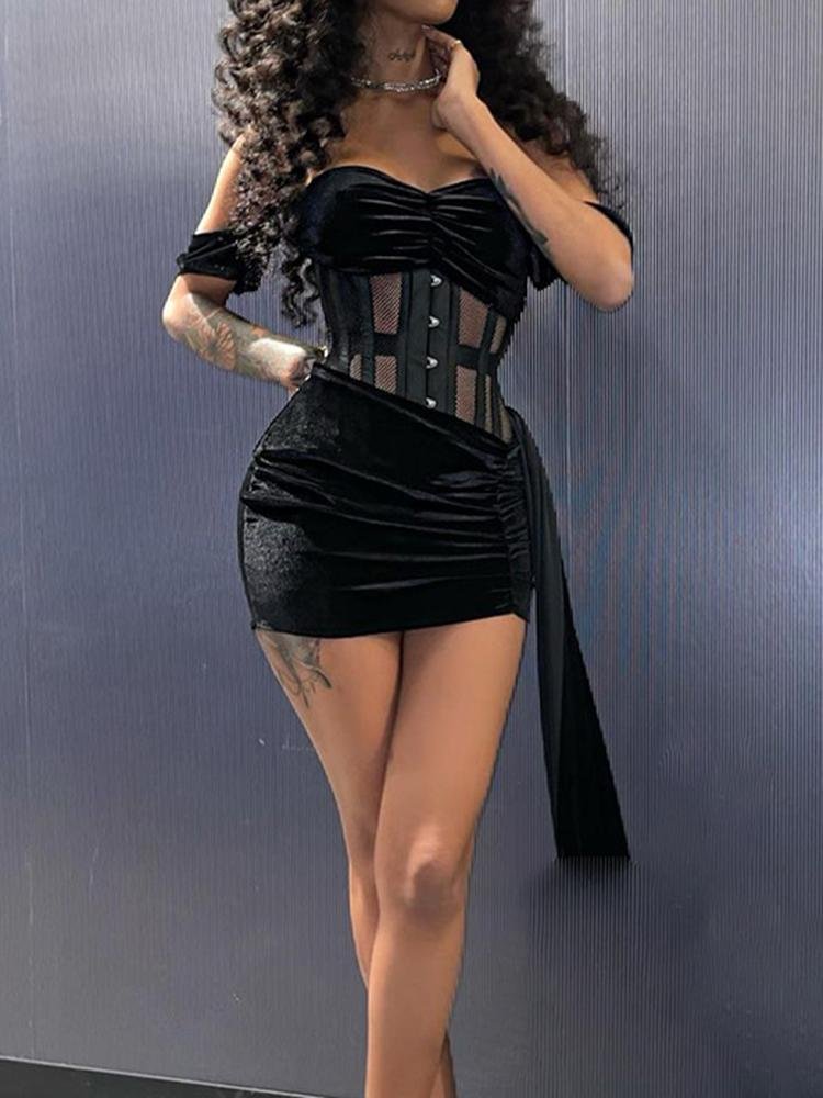 Promsstyle Off shoulder mesh top mini skirt two-piece set Prom Dress 2023