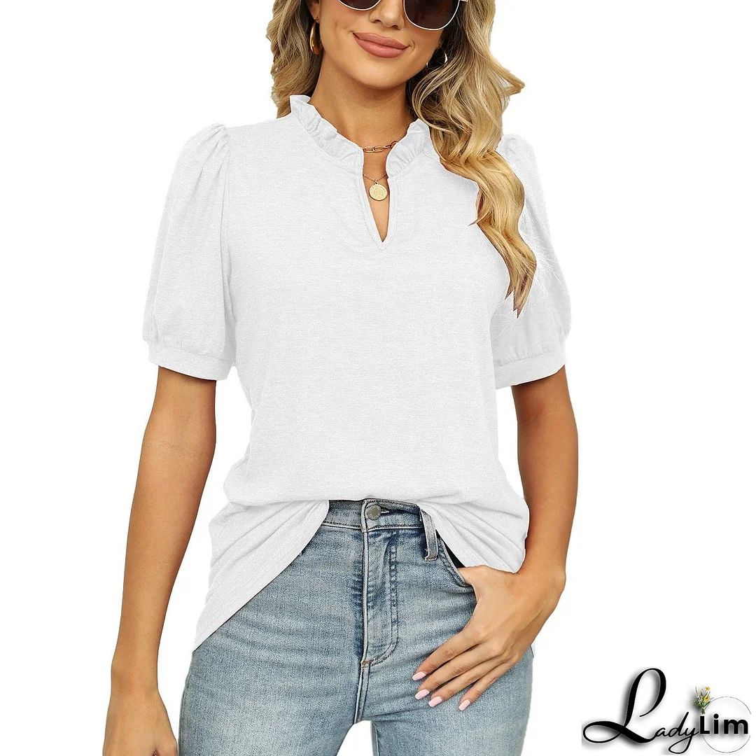 V-neck Shrink Pleated Short Sleeve Loose T-shirt Top For Women