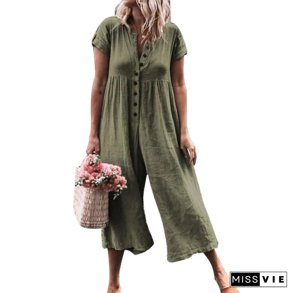 Women V Neck Short Sleeve Button Down Wide Leg Jumpsuits Rompers