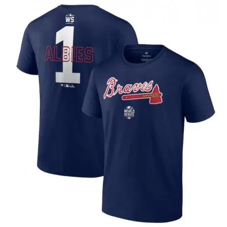 Men's Atlanta Braves #1 Ozzie Albies 2021 Navy World Series Bound Closer Name & Number T-Shirt