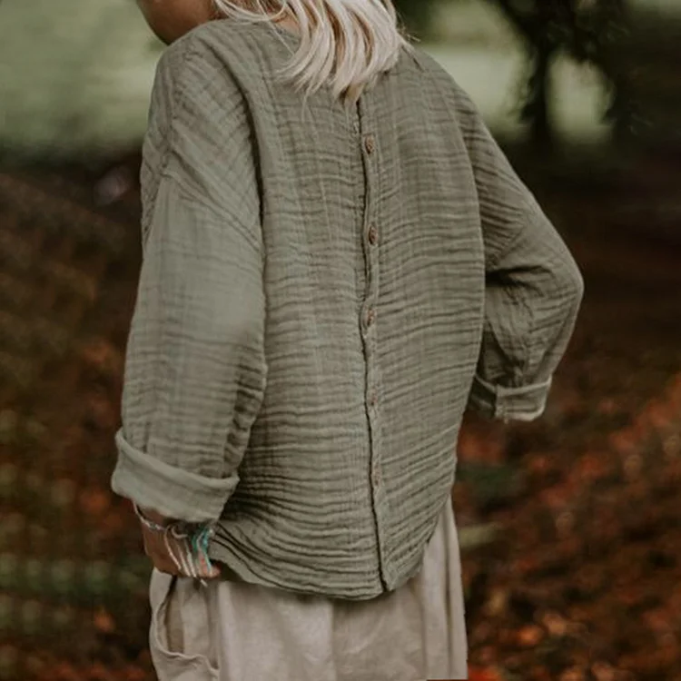 Vintage Back Button Down Round Neck Long Sleeve Comfy Shirt