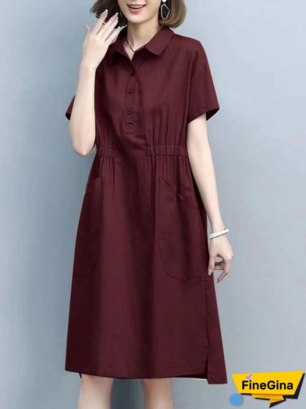 Solid Slit Hem Dual Pocket Lapel Short Sleeve Dress