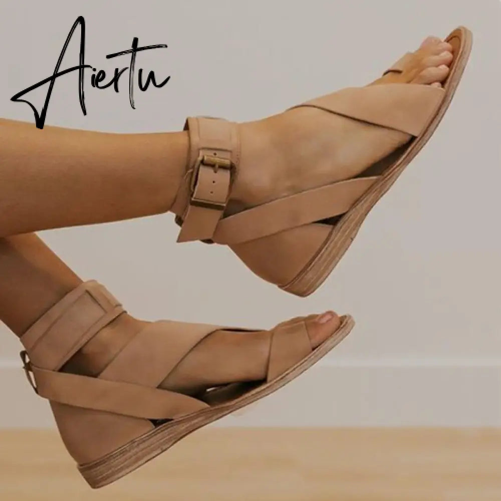 Summer Women's Shoes Fashion Casual Roman Style Flat Sandals Female Open-Toe Shoes Sandals Ladies Low Hills Beach Slippers Aiertu
