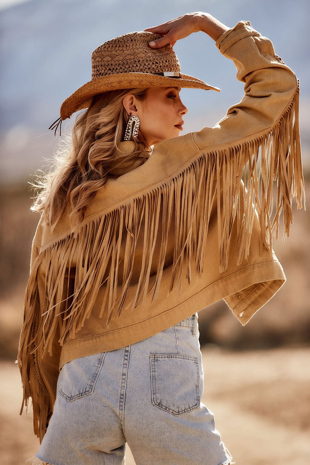 Desert Palm Tan Fringe Denim Jacket