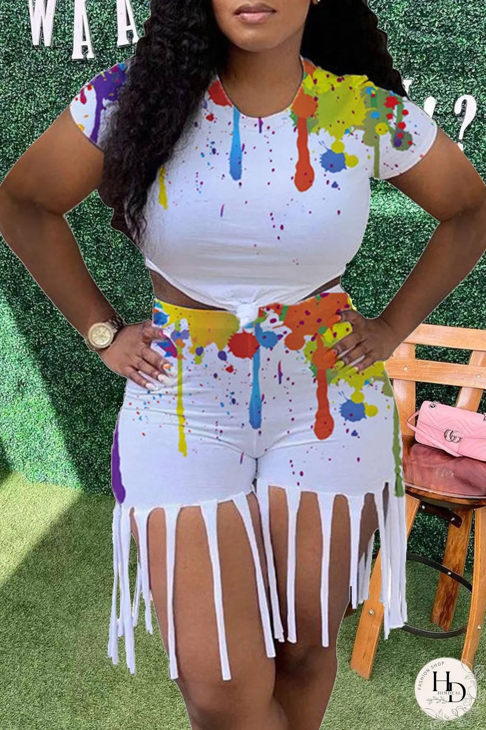 White Casual Print Tassel Split Joint O Neck Short Sleeve Two Pieces