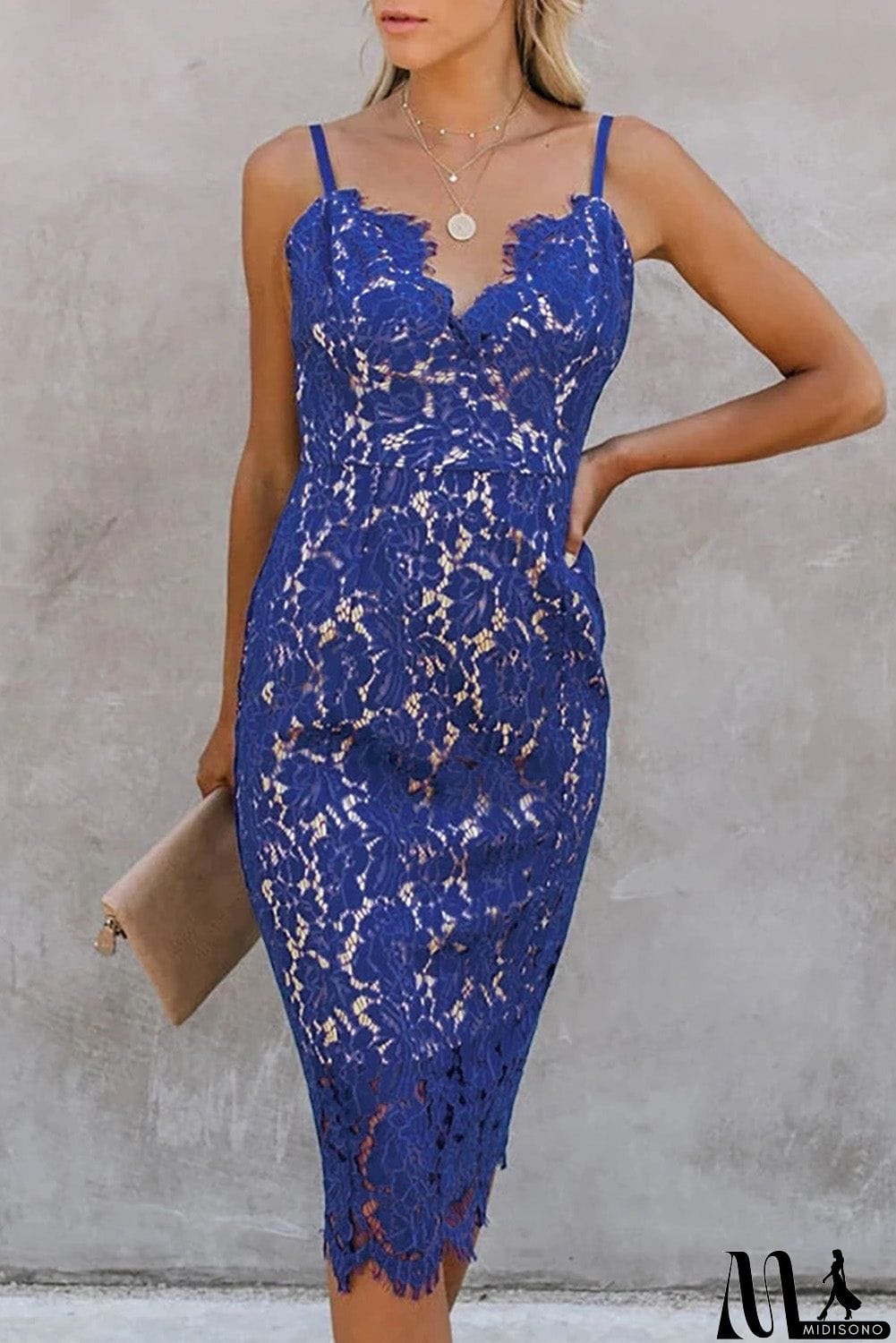 MidiSono - Eyelash Lace Spaghetti Strap Midi Dress