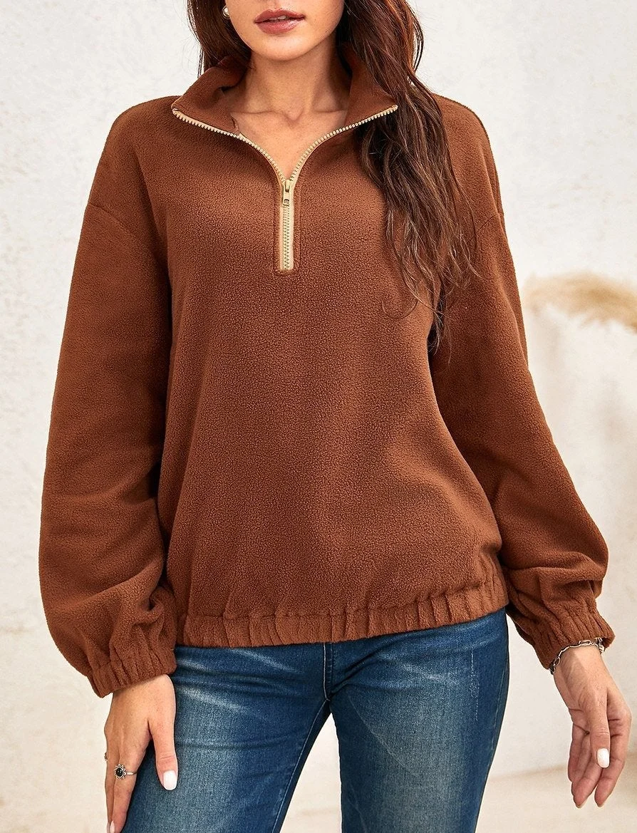 Ladies Zipper High Neck Fleece Long-Sleeved Sweater