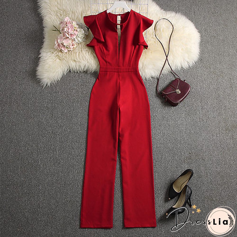 ALPHALMODA Summer Women Deep V-neck Sexy Jumpsuits Solid Color Straight Full Length Pants Ladies Party Overall Outfit