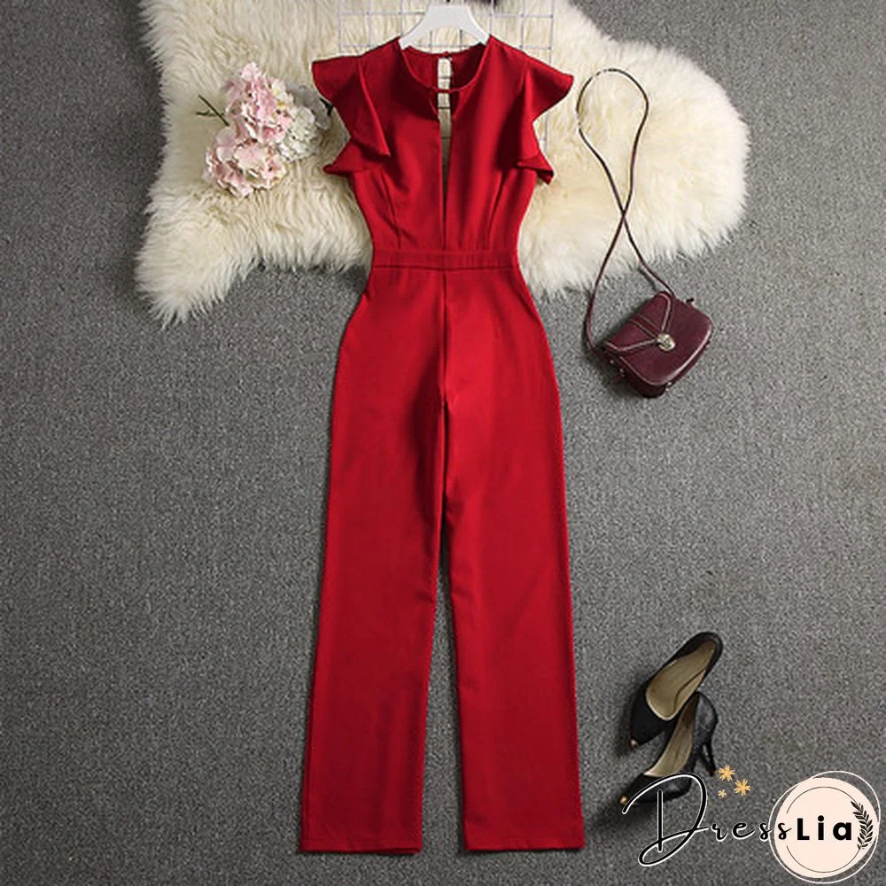 ALPHALMODA Summer Women Deep V-neck Sexy Jumpsuits Solid Color Straight Full Length Pants Ladies Party Overall Outfit