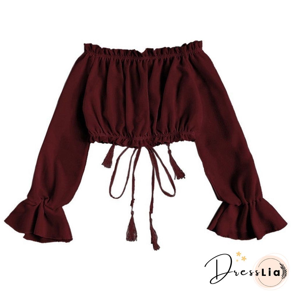 Women's Lace up Bandage Off Shoulder Long Sleeve T-Shirt Crop Tops Blouse Shirt