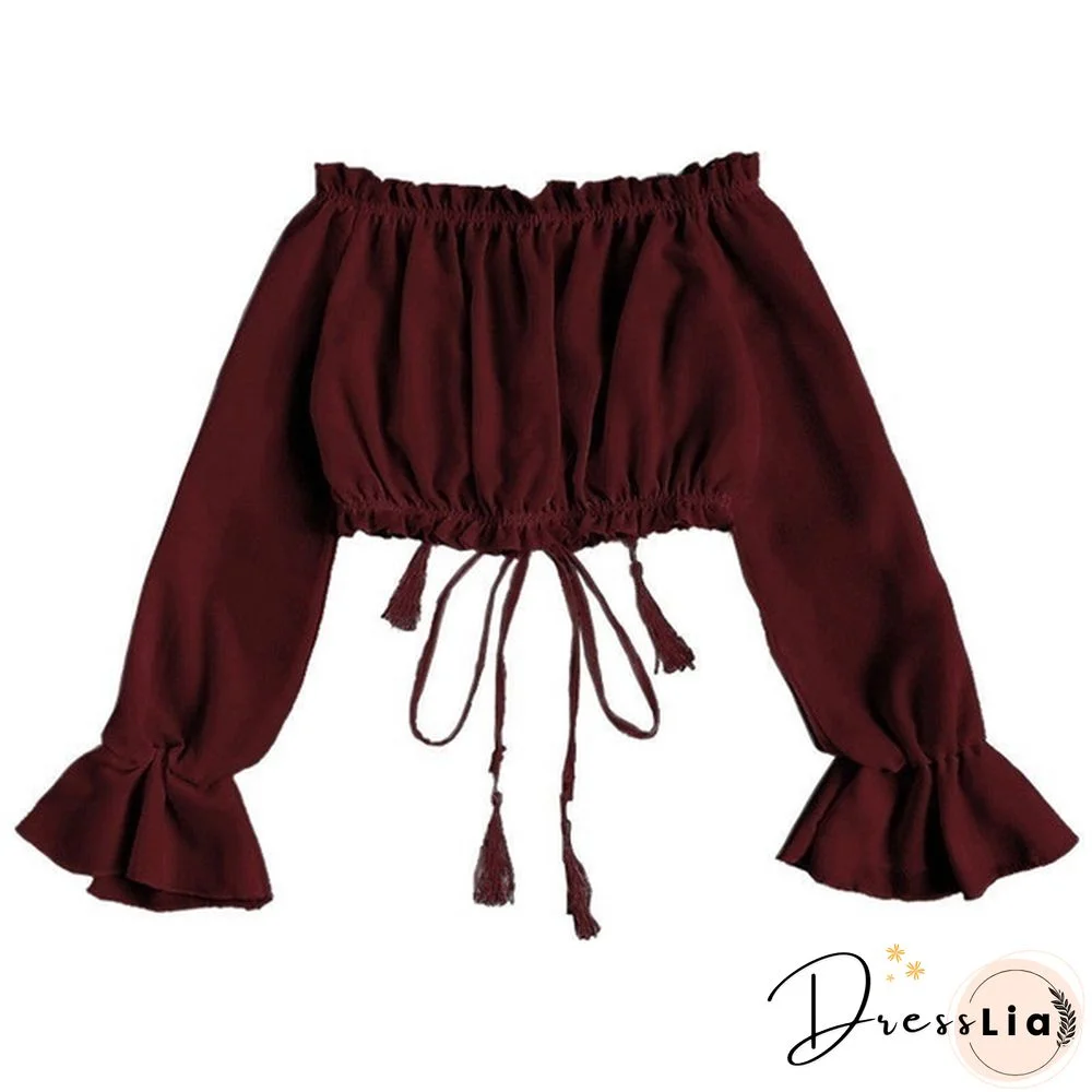 Women's Lace up Bandage Off Shoulder Long Sleeve T-Shirt Crop Tops Blouse Shirt