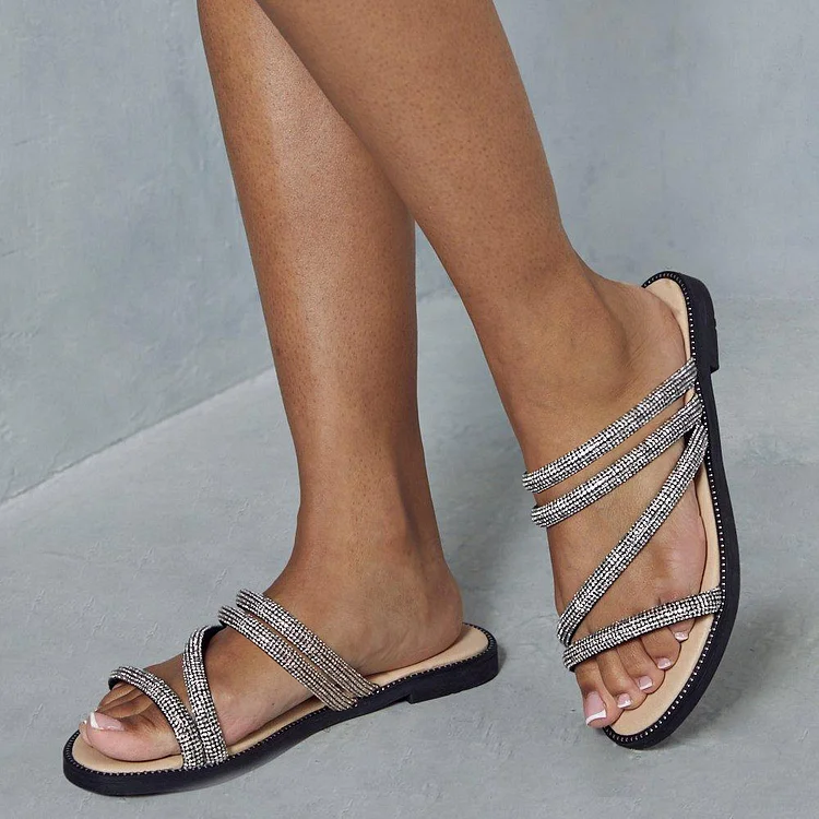 Black Open Toe Rhinestone Strappy Flat Slide Sandals for Women |FSJ Shoes