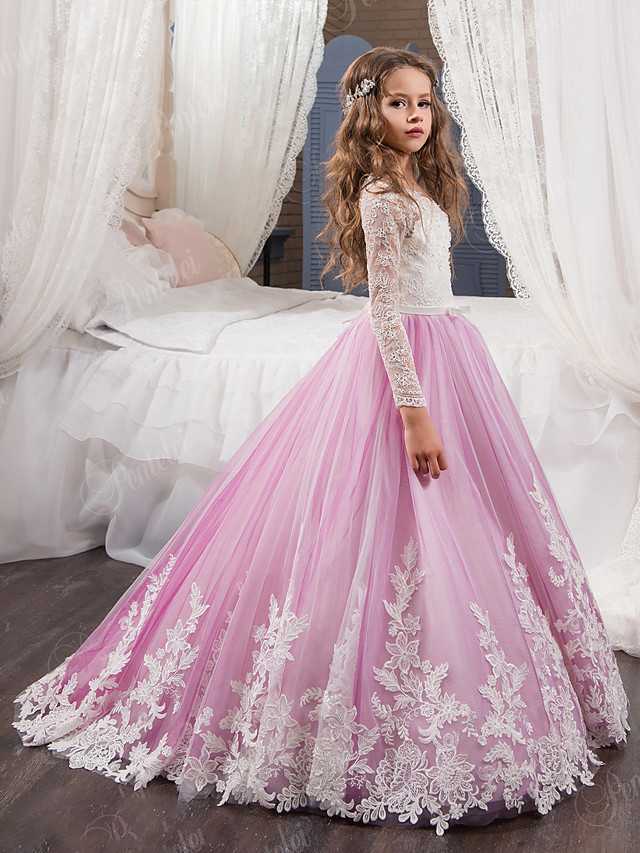 Dresseswow Ball Gown Sweep / Brush Train  Flower Girl Dresses with Lace Beading Appliques Buttons