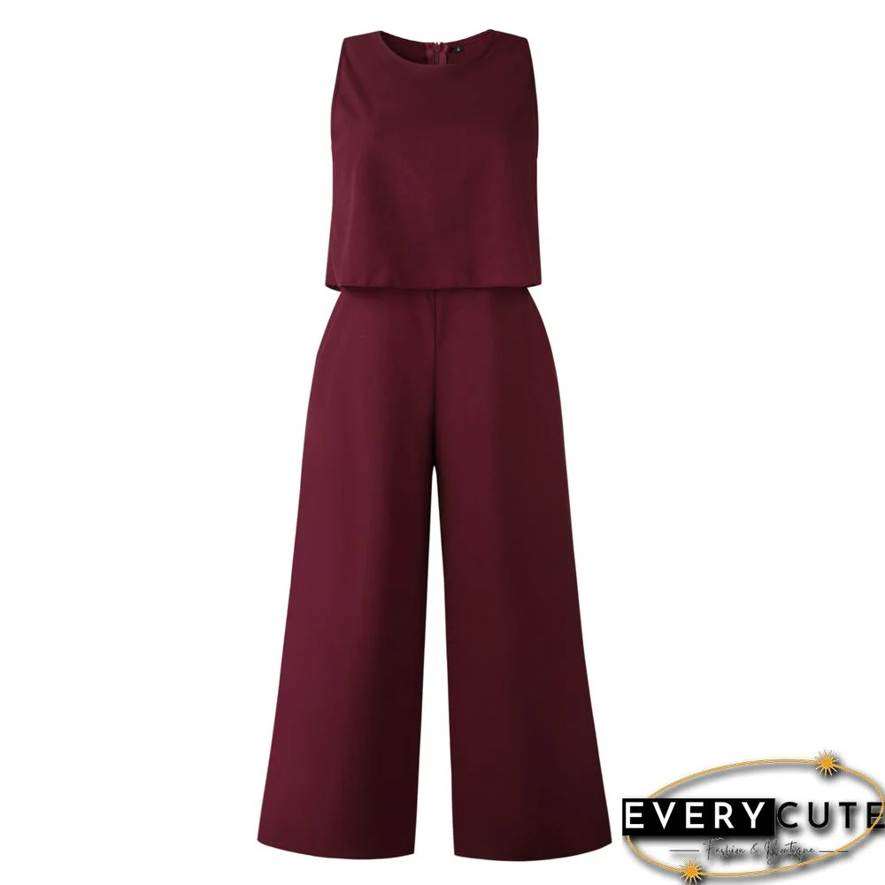 Wine Sleeveless Wide Leg Jumpsuit