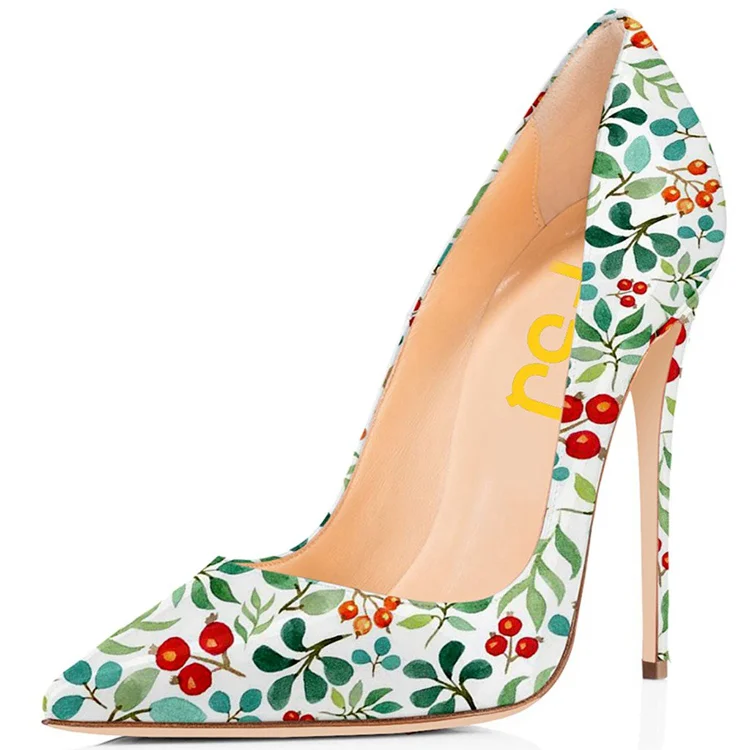 Green Floral Heels Pointy Toe Stiletto Heels Pumps by FSJ |FSJ Shoes