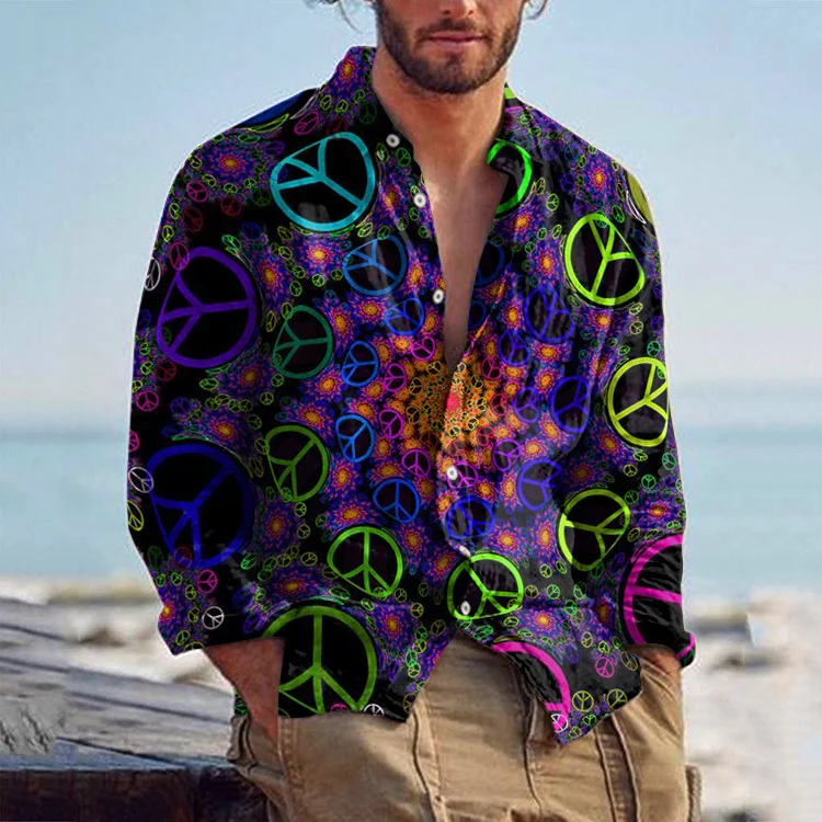 Printed men's cotton linen long sleeved shirt top