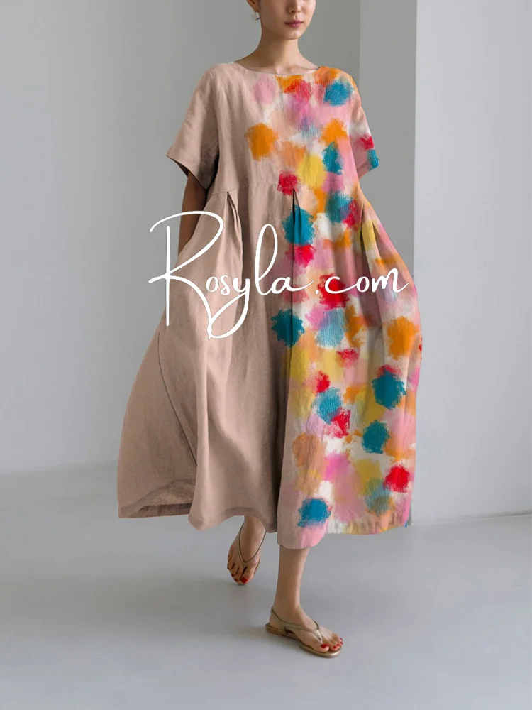 Women's Casual Colorful Graffiti Flory Print Loose Round Neck Medium Length Skirt Dress