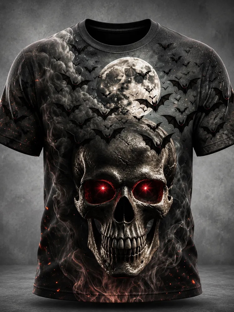 Halloween Skull And Bat 3d Art Print Casual Crewneck T-shirt