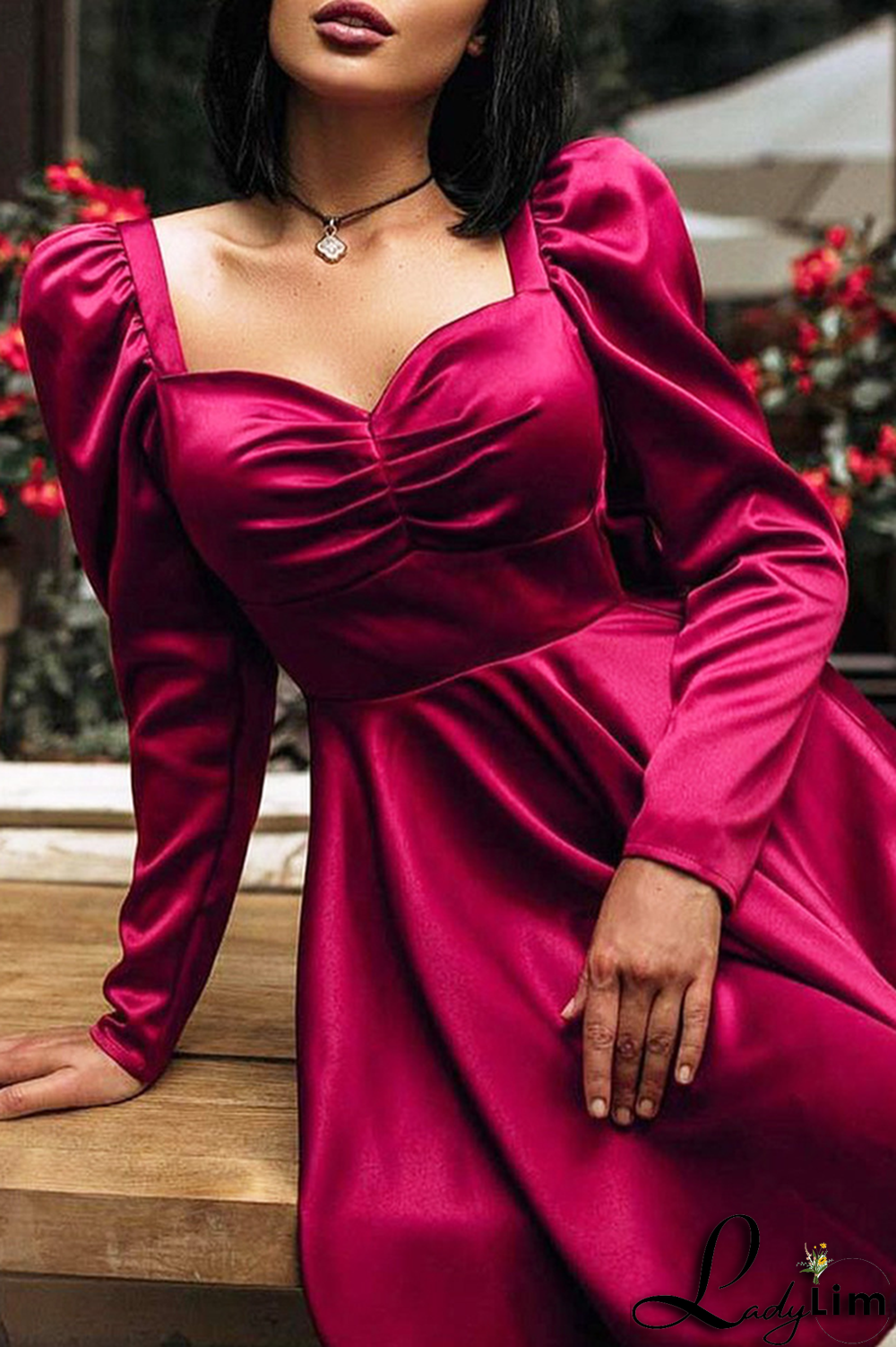 Burgundy Sexy Solid Split Joint Square Collar Cake Skirt Dresses