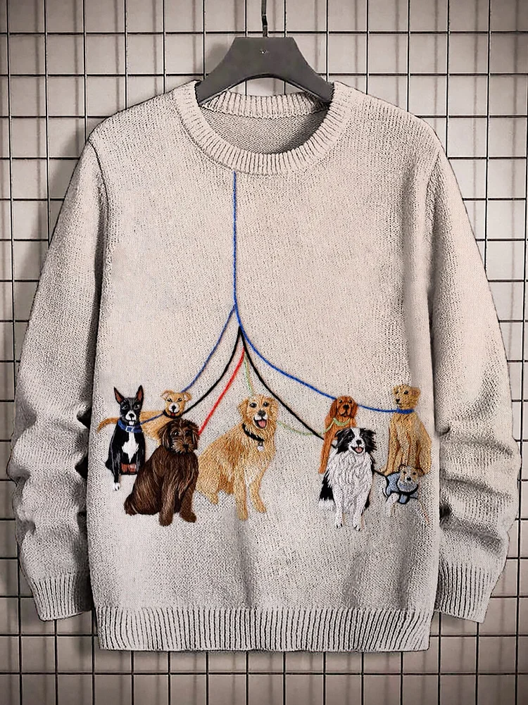 Men's Cute Dogs Embroidery Knit Sweatshirt