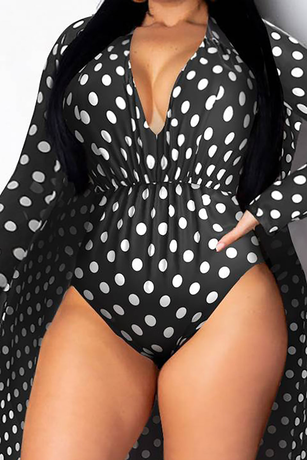 Plus Size Beach Black Polka Dot V Neck Long Sleeve Fold Swimsuit Fabric Two Pieces Swimsuit Cover Ups Set [Pre-Order]
