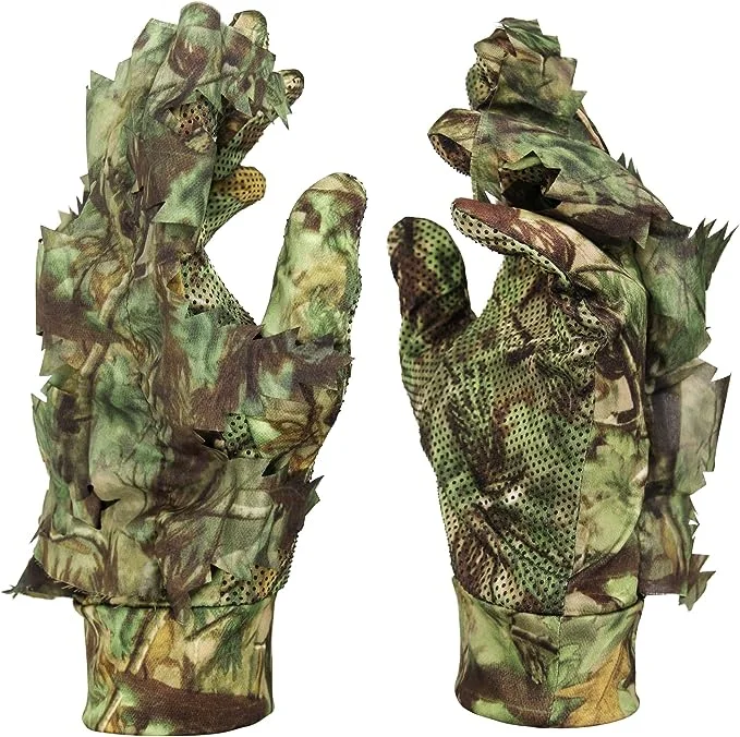 GUGULUZA 3D Camo Gloves - Outdoor Leaf Camouflage Hunting Gloves with Non-slip Full Finger Design