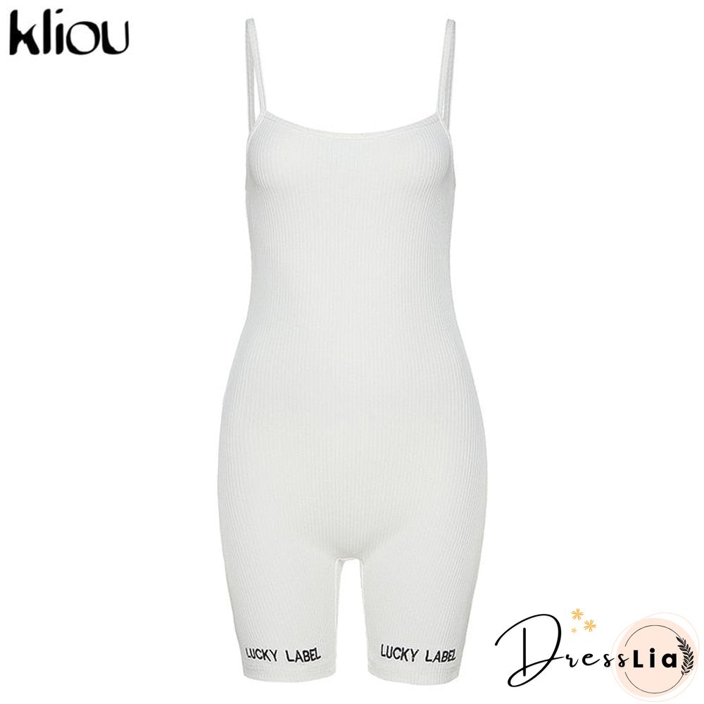 Kliou suspenders rompers women summer playsuit slash neck Letters Embroidery elastic streetwear ribbed sleeveless slim