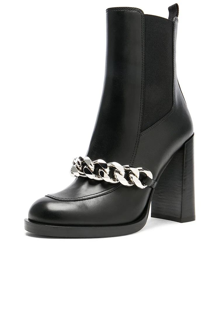 Black Metal Chain Round Toe Chelsea Chunky Heel Ankle Boots Vdcoo