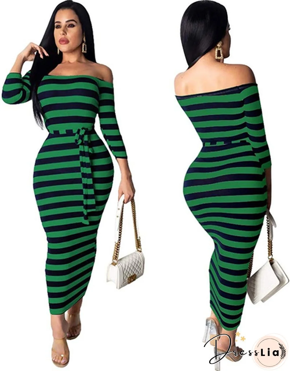 New Women's Fashion Off Shoulder Long Sleeve Midi Skirt Slim Stripe Party Dress Bodycon Dress-M